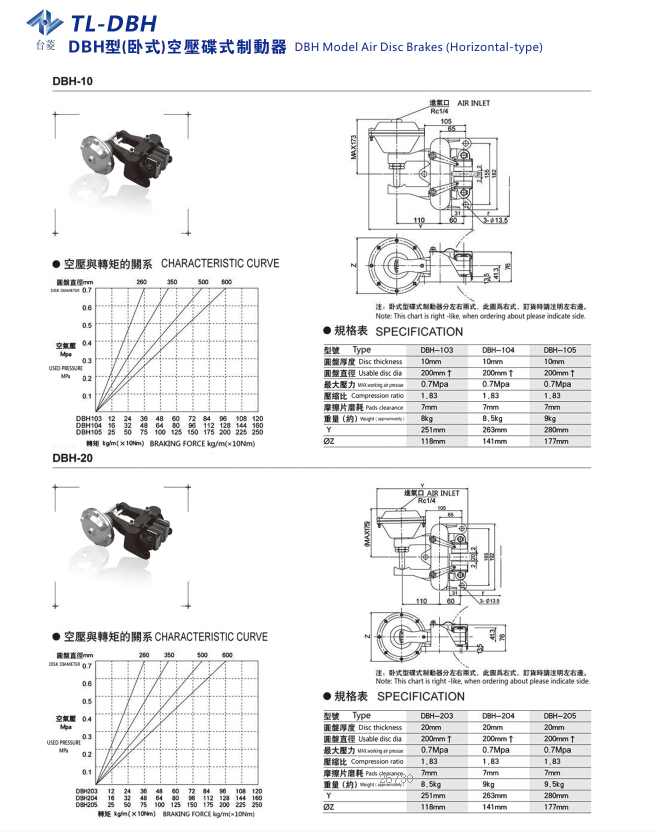 氣動碟式制動器DBH型規(guī)格尺寸型號參數(shù)表