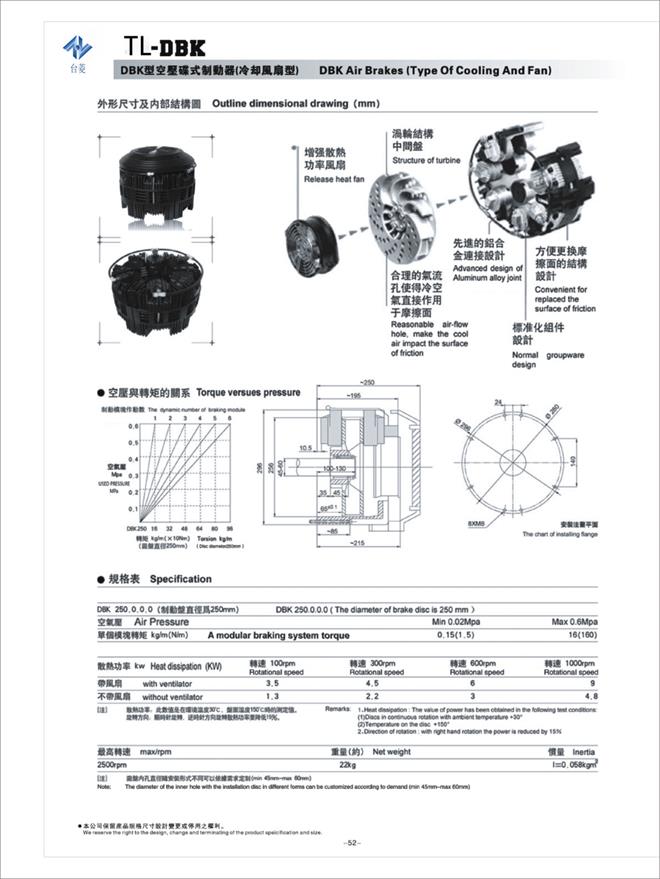 冷卻風(fēng)扇型DBK空壓碟式制動器規(guī)格型號尺寸參數(shù)表